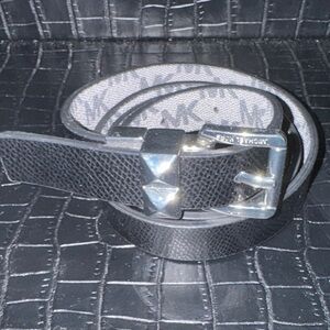 Michael Kors Black Leather Logo-Print Reversible Belt with Silver Studs